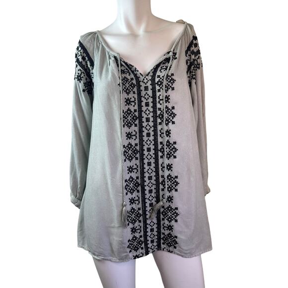 Raga Gray & Black Embroidered Boho Peasant Blouse with Tassels sz S - Picture 1 of 9